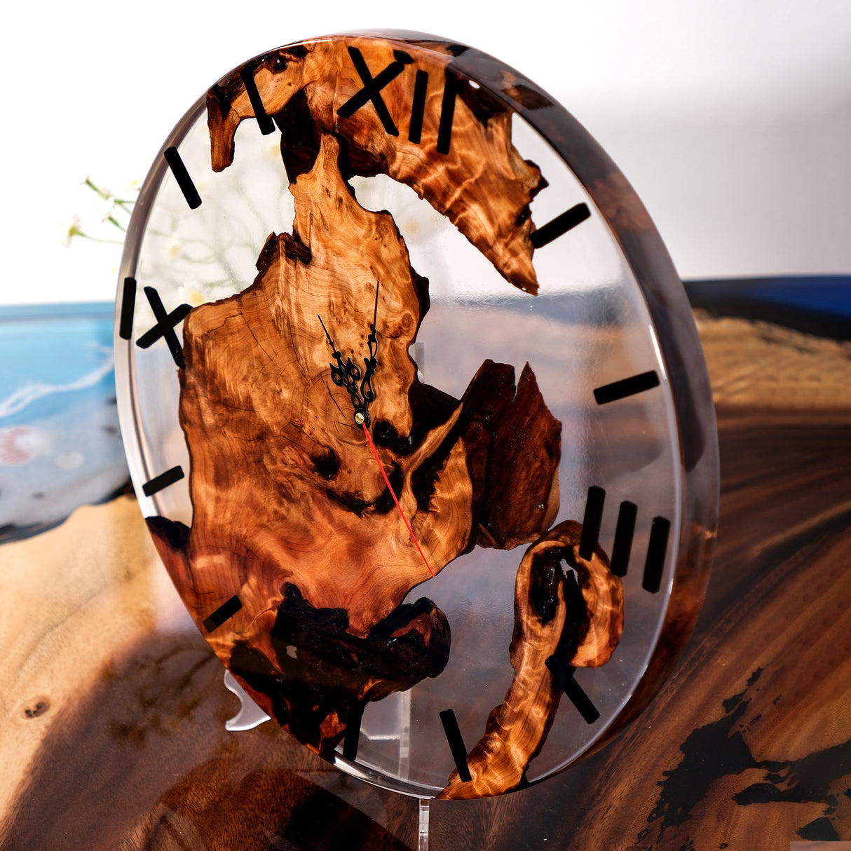 Elite Burl Wood Clear Epoxy Resin Wall Clock - 16''