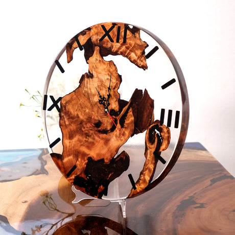 Elite Burl Wood Clear Epoxy Resin Wall Clock - 16''