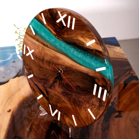 Elite Black Walnut Wood Green Epoxy Resin Wall Clock - 16''