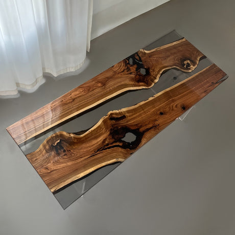 Elite Black Walnut Wood & Transparent Black - Gray Epoxy Resin Dining Table ECT-156