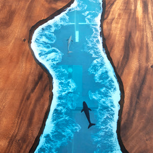 Elite Walnut Straight Edge Blue Ocean Epoxy Dinner Table with Marine Life Inlay ECT-250