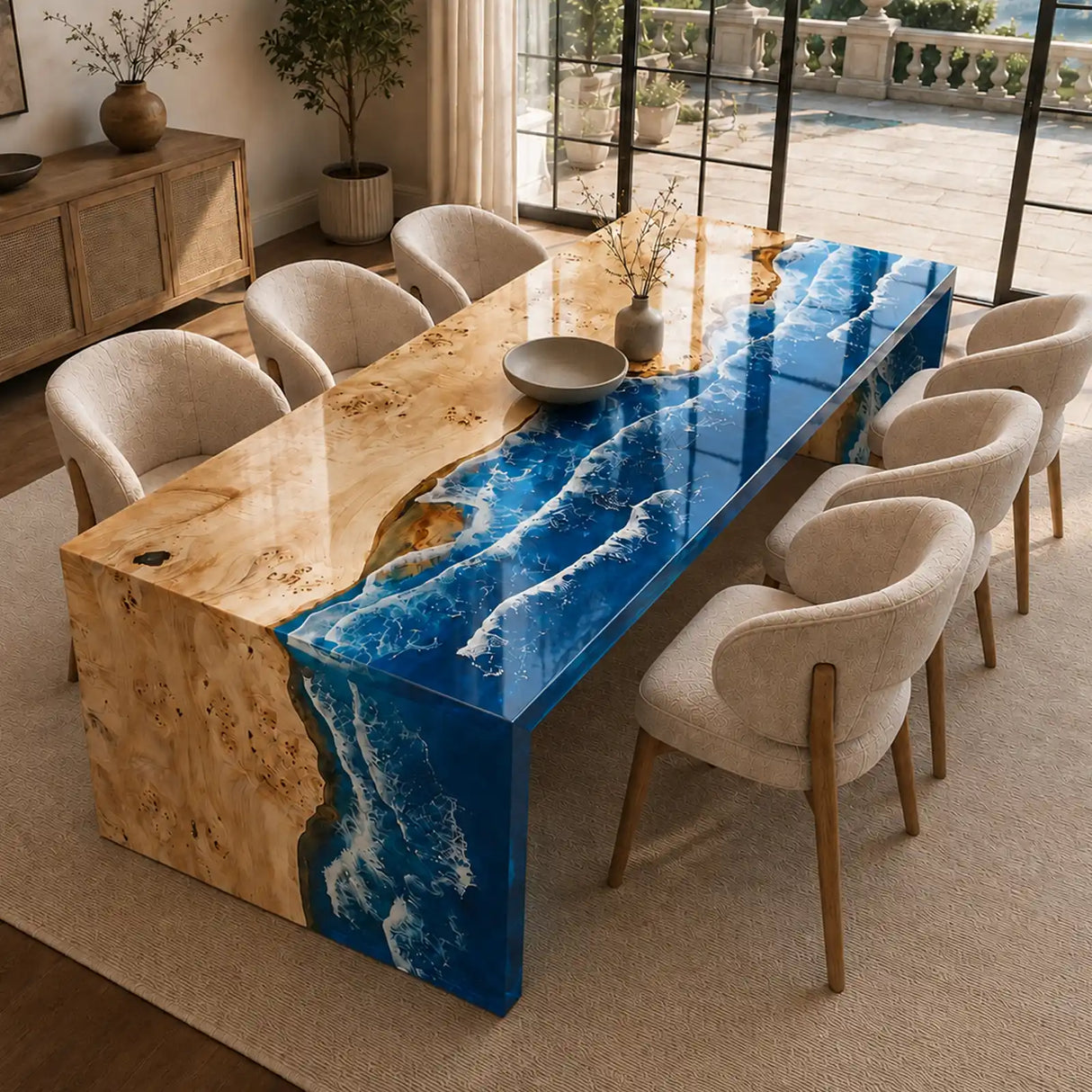 Poplar Ocean Waterfall Epoxy Resin Dining Table | ECT-384