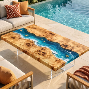 Custom Poplar Blue Ocean Wave Epoxy Patio Table | ECT-420