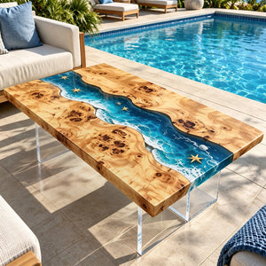 Custom Poplar Blue Ocean Wave Epoxy Patio Table | ECT-420