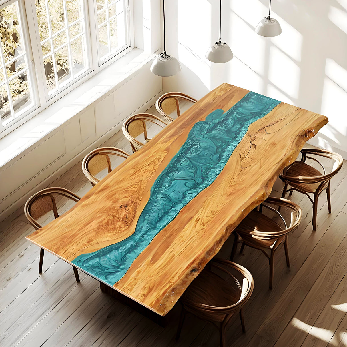 Elite Custom Live Edge Olive Wood Table with Blue-Green Resin ECT-104
