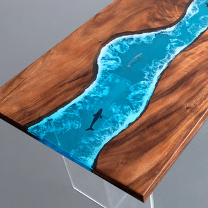 Elite Walnut Straight Edge Blue Ocean Epoxy Dinner Table with Marine Life Inlay ECT-250