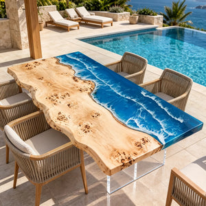 Custom Poplar Ocean Wave Epoxy Patio Dining Table | ECT-419