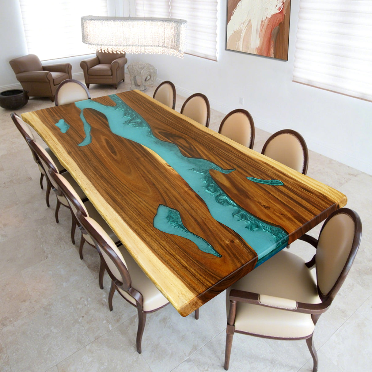 Elite Custom Walnut Wood Turquoise Kitchen Epoxy Resin River Table ECT-117
