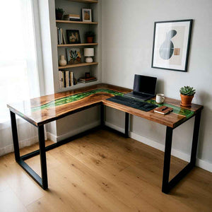 Custom Emerald Green Epoxy Resin L-Shaped Desk – 100% Solid Walnut | ECT-331