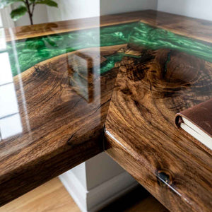 Custom Emerald Green Epoxy Resin L-Shaped Desk – 100% Solid Walnut | ECT-331