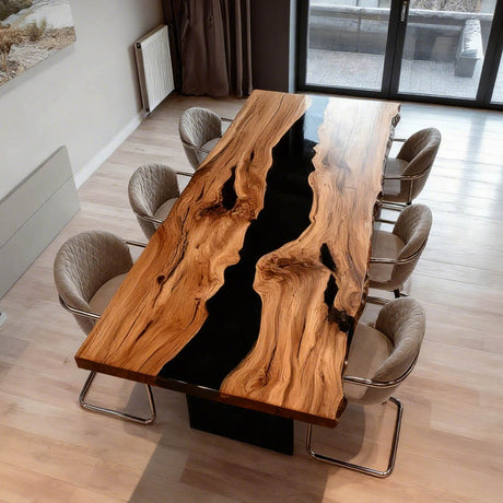 Elite Live - Edge Olive Wood Dining Table with Deep Blue Resin Inlay ECT-241