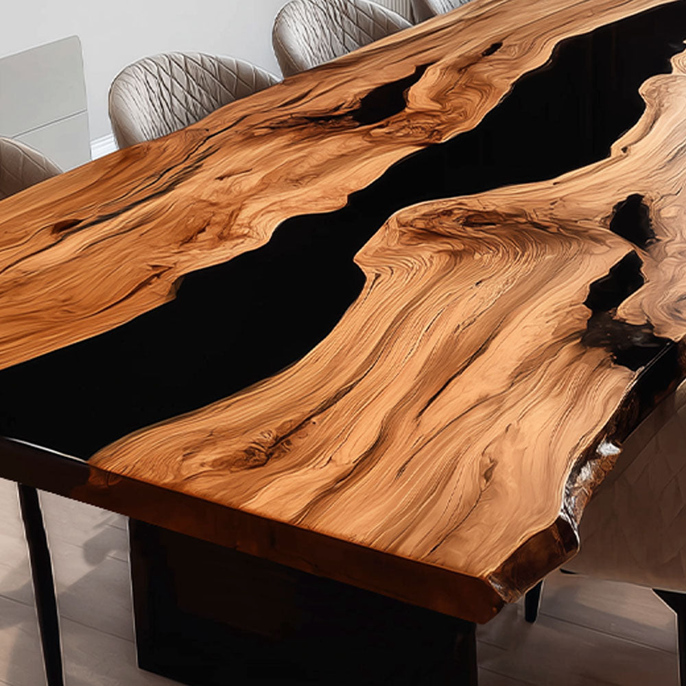 Elite Live - Edge Olive Wood Dining Table with Deep Blue Resin Inlay ECT-241
