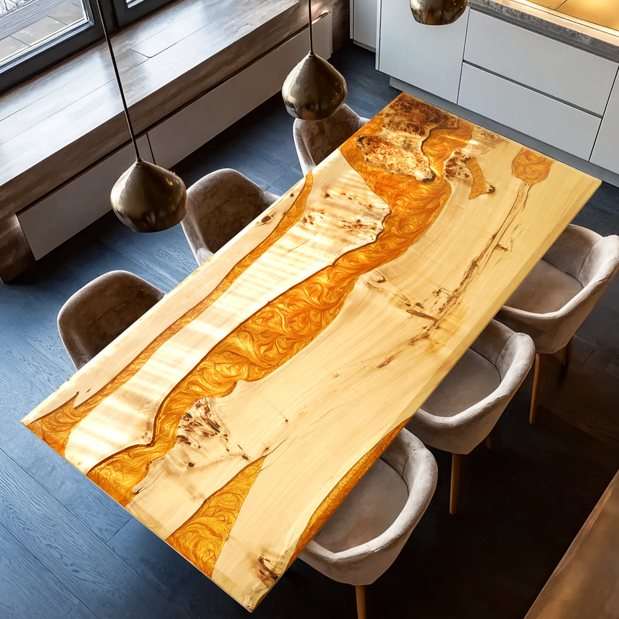 Elite Custom Poplar Wood with Amber Gilt Epoxy Resin Dining Table ECT-78
