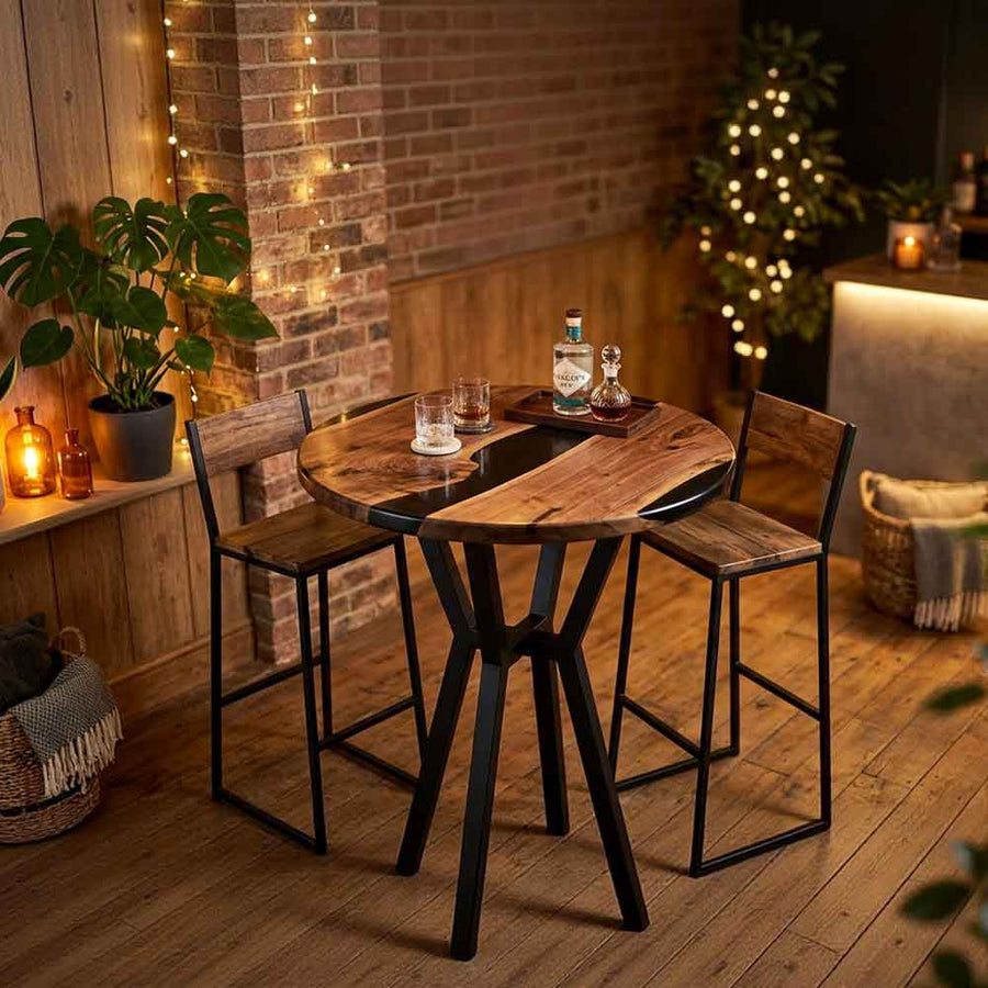 Custom Round Black Epoxy Resin Home Bar Table – 100% Solid Walnut | ECT-347