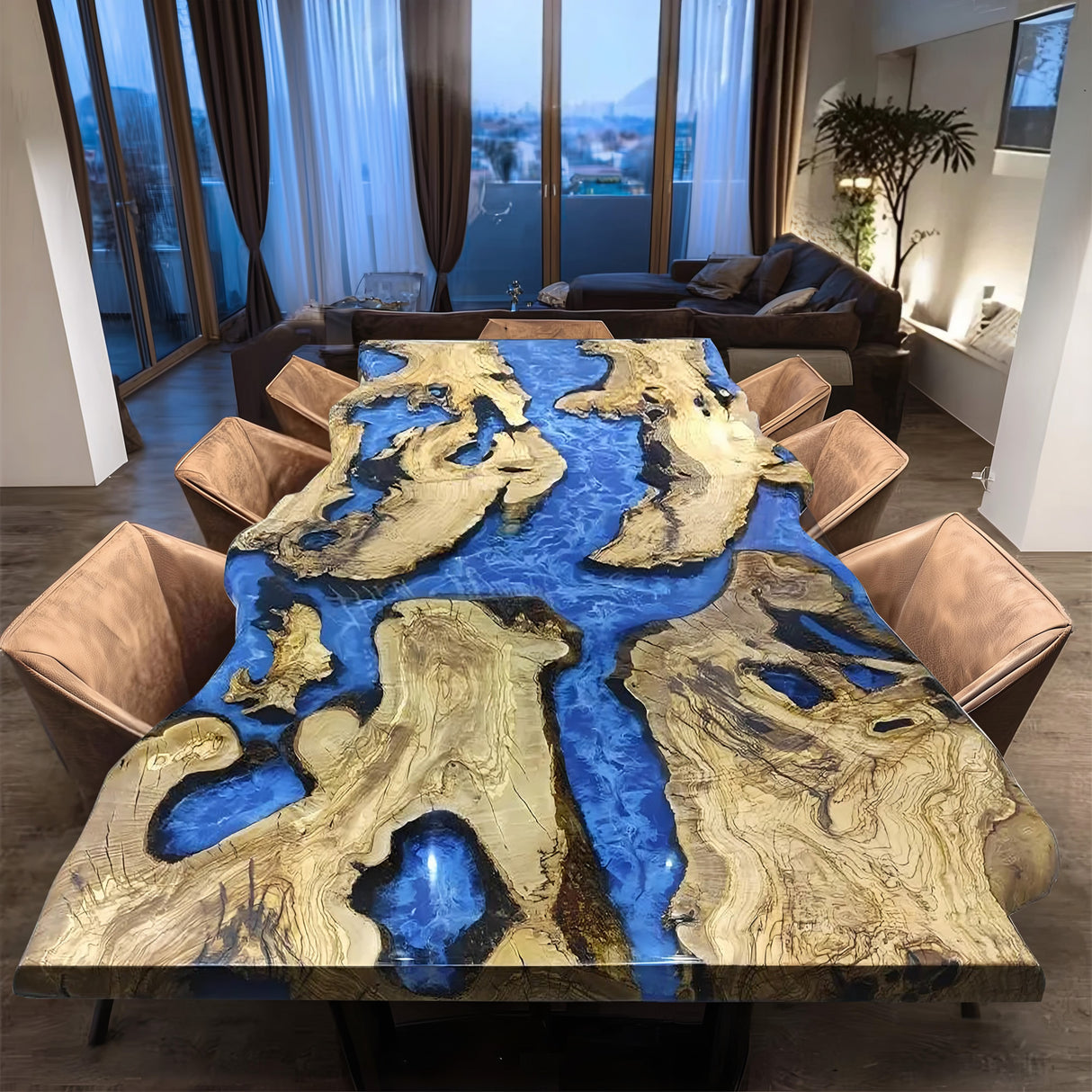 Elite Live - Edge Olive Wood and Blue Resin River Dining Table ECT-214