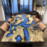 Elite Live - Edge Olive Wood and Blue Resin River Dining Table ECT-214