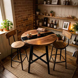Custom Round Black Epoxy Resin Home Bar Table – 100% Solid Walnut | ECT-348