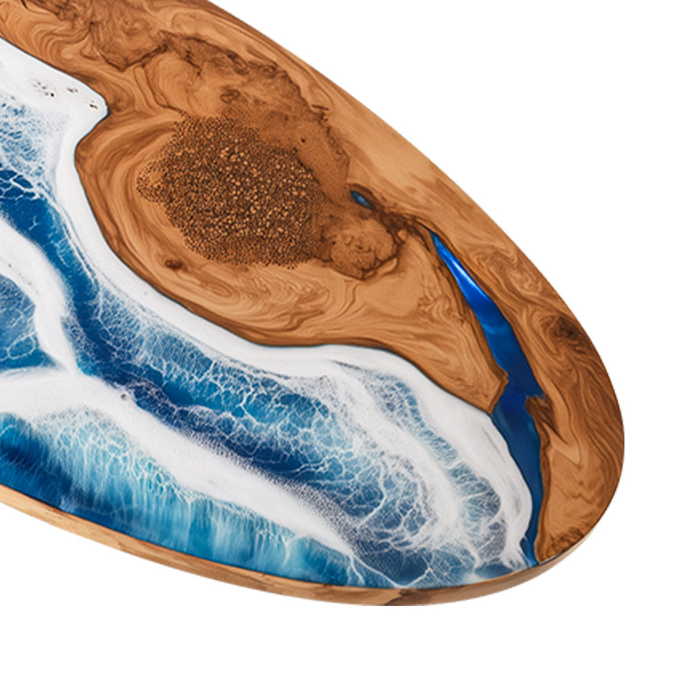 Elite Oval Olive Wood Dining Table with Vivid Ocean - Wave Resin Inlay ECT-244