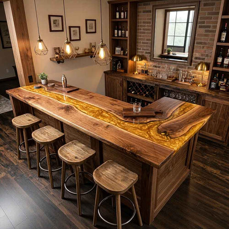 Custom Amber Gold Epoxy Resin Kitchen Island Countertop – 100% Solid Walnut | ECT-340