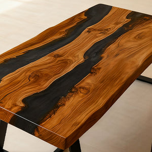 Elite Olive Wood Black Epoxy Rectangular Resin Dining Table – Natural Grain River Table ECT-264