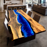 Elite Walnut Wood Blue Epoxy Resin River Dining Table with LED Light ECT-215