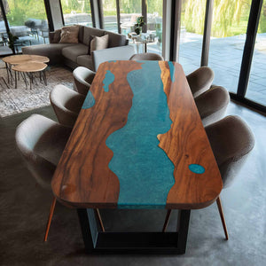Elite Walnut Dining Table with Peacock Blue Resin Inlay 96.06‘’L×42.13''W, EIT-04
