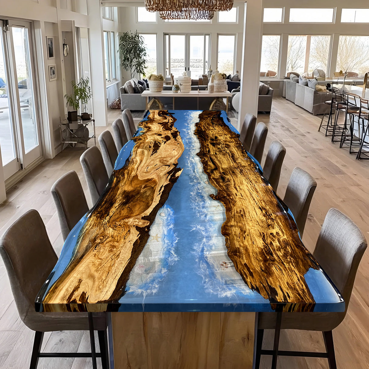 Elite Golden Camphor Wood & Coastal Beach Wave Epoxy Dining Table ECT-139