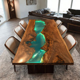 Elite Straight - Edge Black Walnut Dining Table with Glowing Teal Resin Inlay ECT-237