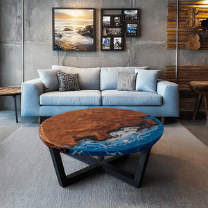 Elite 47.05" Diameter Round Walnut Table with Ocean - themed Resin Inlay EIT-39
