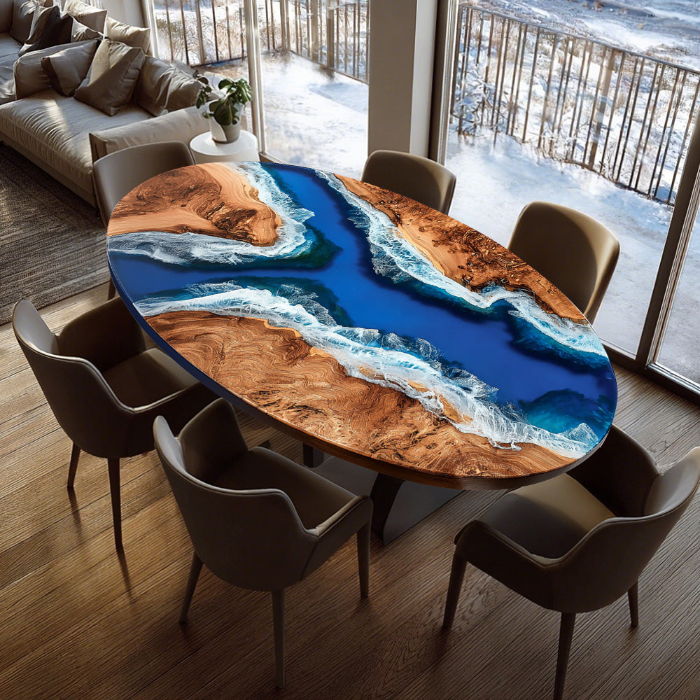 Elite Oval Golden Camphor Wood Dining Table with Majestic Ocean - Wave Resin Inlay ECT-247