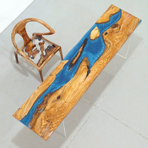 Elite Natural - Edge Olive Wood Bar Table with Irregular Blue Resin 84.25''L×20.08''W, EIT-34