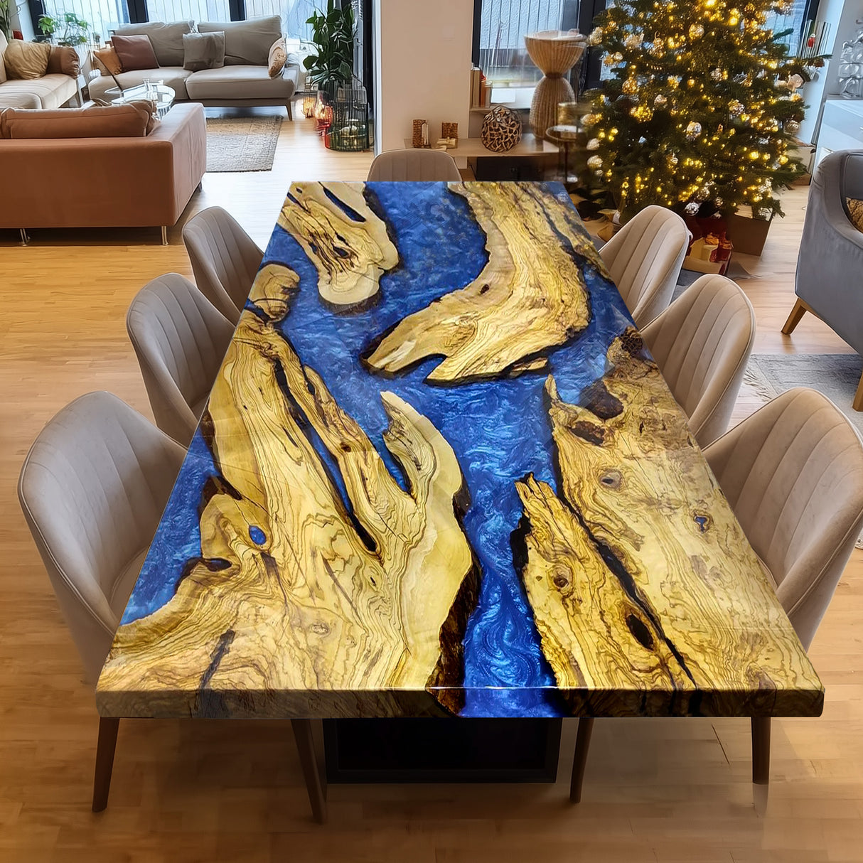Elite Natural Straight - Edge Olive Wood with Blue River Epoxy Resin Dining Table ECT-216