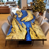Elite Natural Straight - Edge Olive Wood with Blue River Epoxy Resin Dining Table ECT-216