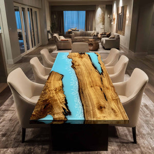 Elite Straight - Edge Golden Camphor Dining Table with Blue Wave Resin 80"L×47"W EIT-18