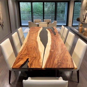 Elite Straight - Edge Walnut Dining Table with Semi - Transparent Black Resin 108"L×42"W, EIT-14
