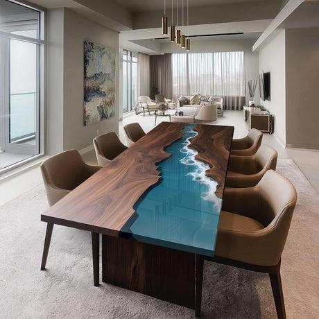 Elite Straight - Edge Black Walnut Dining Table with Ocean - Style Blue Resin Inlay ECT-238