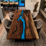 Elite Black Walnut Wood River Table with Blue and Black Epoxy Resin Inlay ECT-185