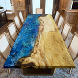 Elite White - Skinned Walnut Wood with Dreamy Galaxy Blue Epoxy Dining Table ECT-179