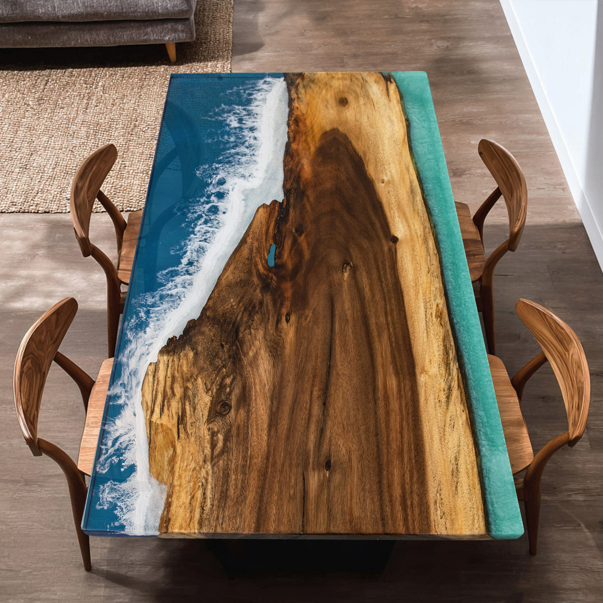 Elite Walnut Wood & Blue Ocean - Wave Epoxy Resin Dining Table ECT-12