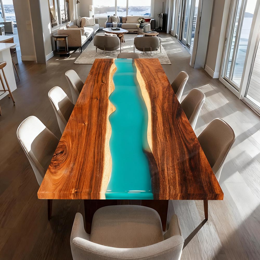 Elite Straight - Edge Walnut Dining Table with Turquoise Resin Inlay ECT-140