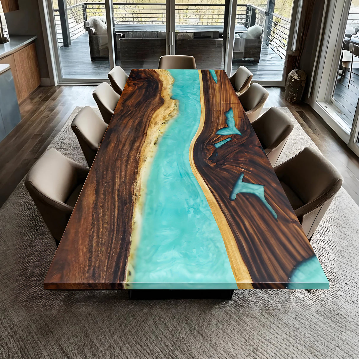 Elite Custom Walnut Resin Dining Table with Turquoise Resin Vein ECT-86