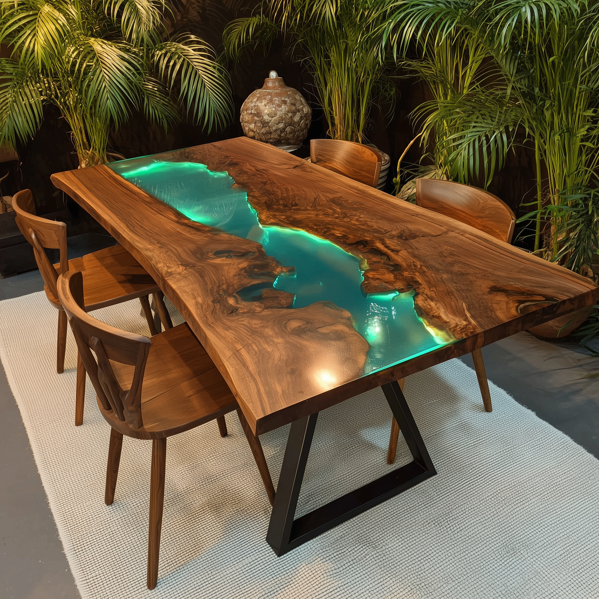 Elite Straight - Edge Black Walnut Dining Table with Glowing Teal Resin Inlay ECT-237