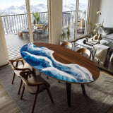 Elite Oval Black Walnut Dining Table with Ocean - Wave Blue Resin Inlay ECT-246