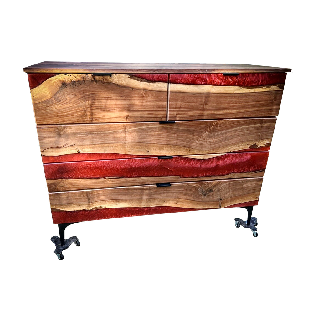Elite Walnut Red Resin Wheeled 5-Drawer Dresser ECD-09