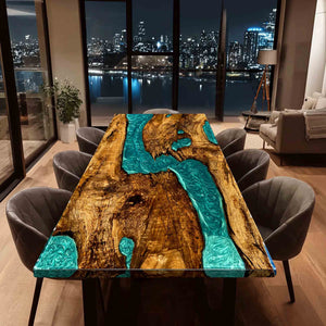 Elite Straight - Edge Golden Camphor Dining Table with Gradient Blue Resin Inlay 90.16''L×48.03''W, EIT-21