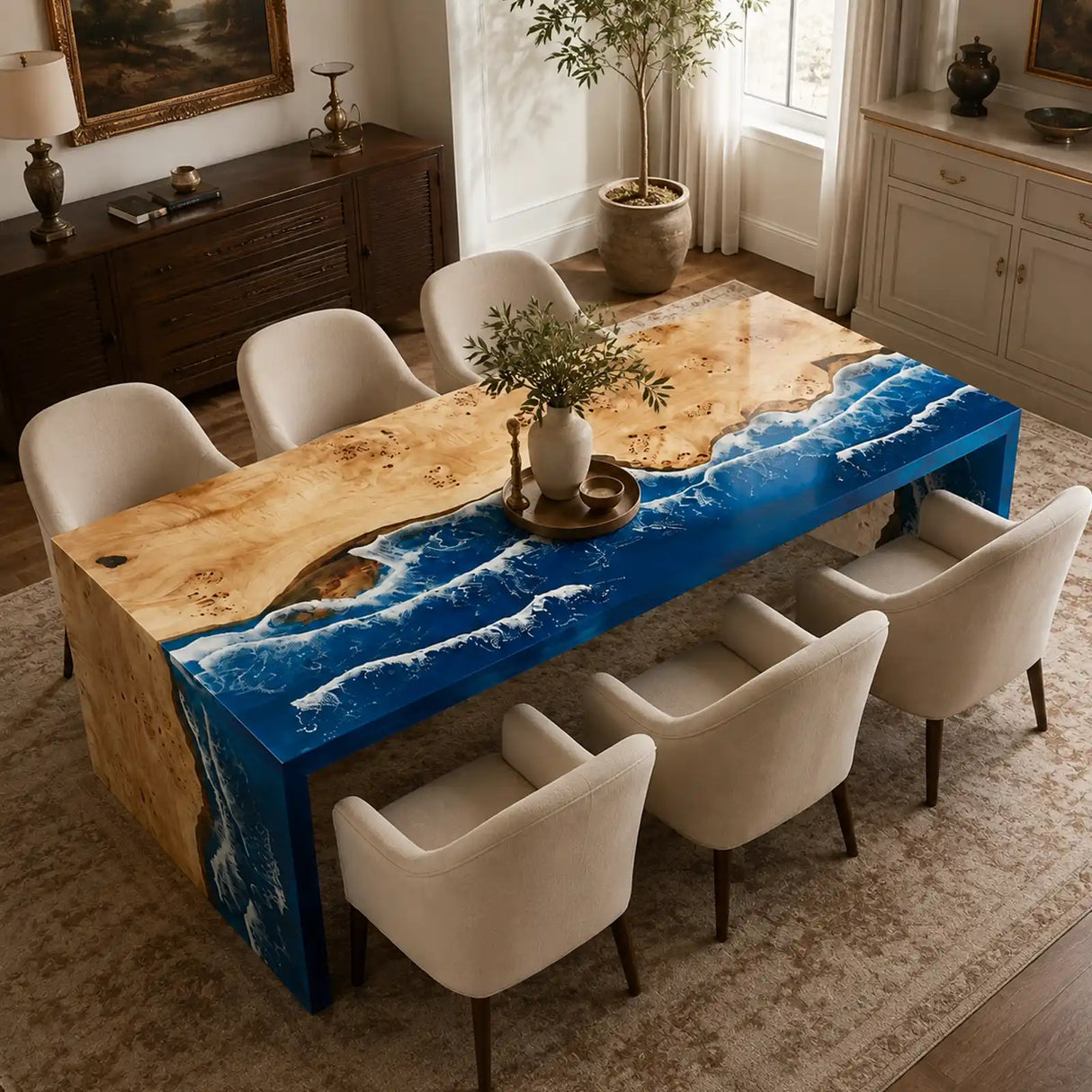 Poplar Ocean Waterfall Epoxy Resin Dining Table | ECT-384