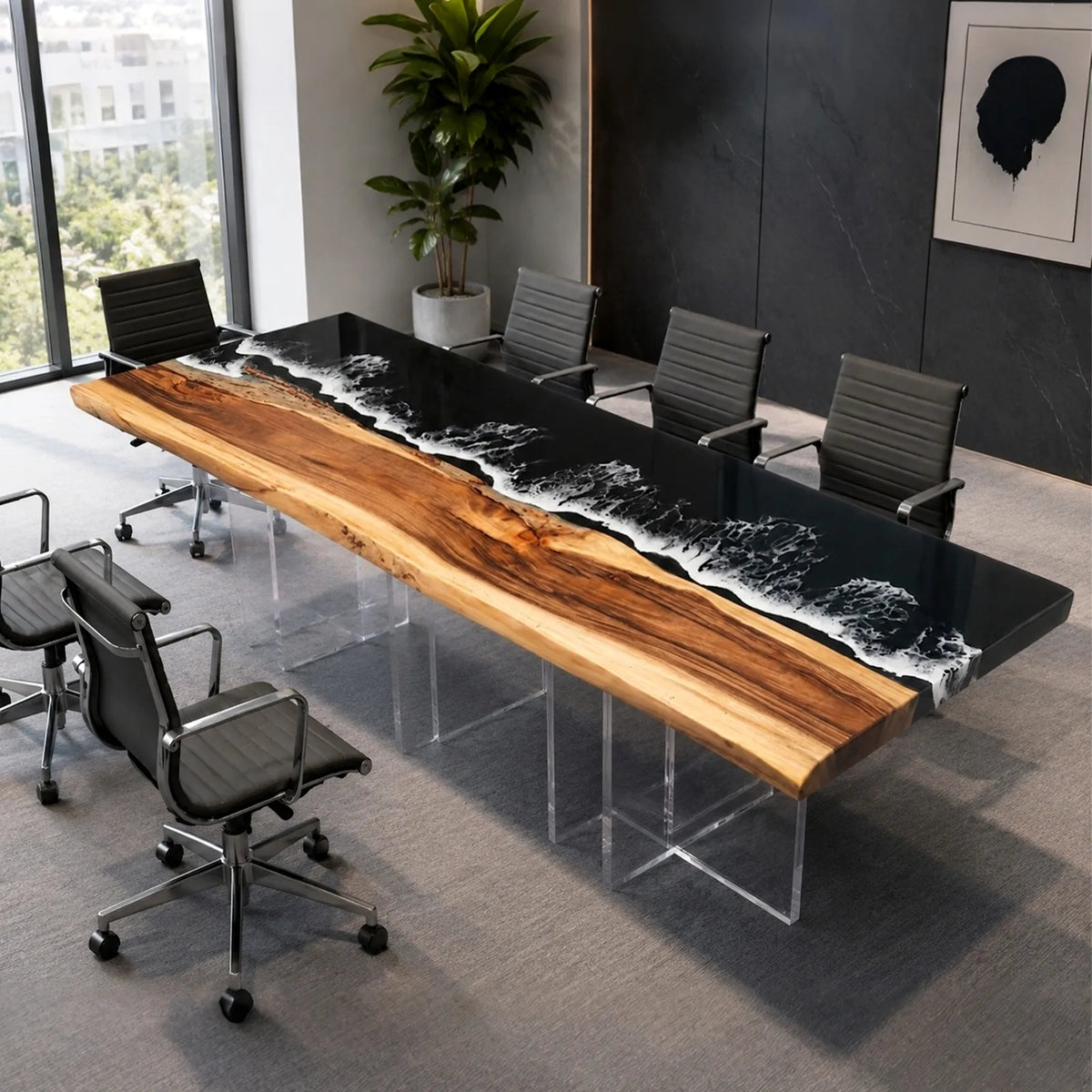 Custom Live Edge Walnut Black Ocean Wave Epoxy Conference Table | ECT-399