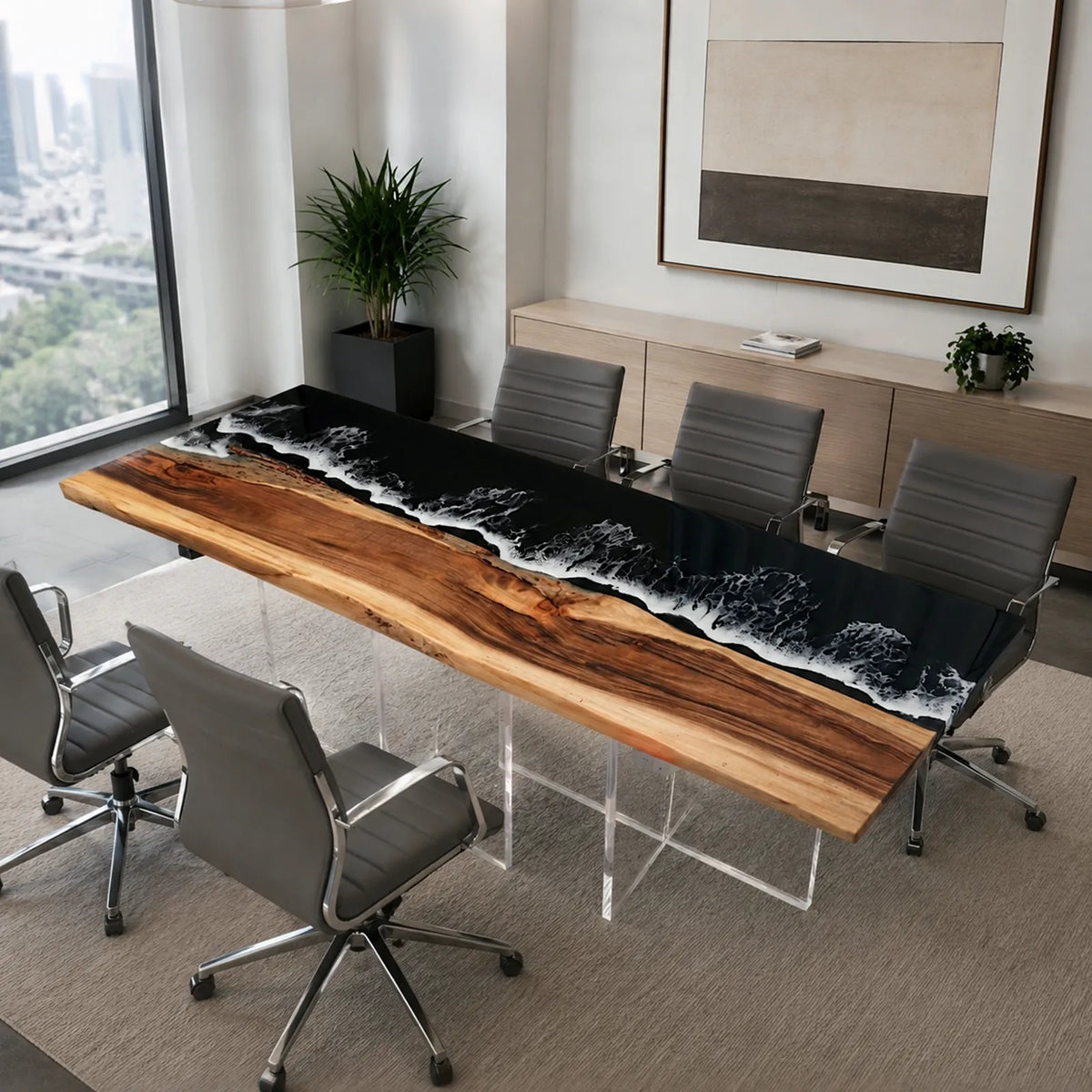 Custom Live Edge Walnut Black Ocean Wave Epoxy Conference Table | ECT-399