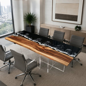 Custom Live Edge Walnut Black Ocean Wave Epoxy Conference Table | ECT-399