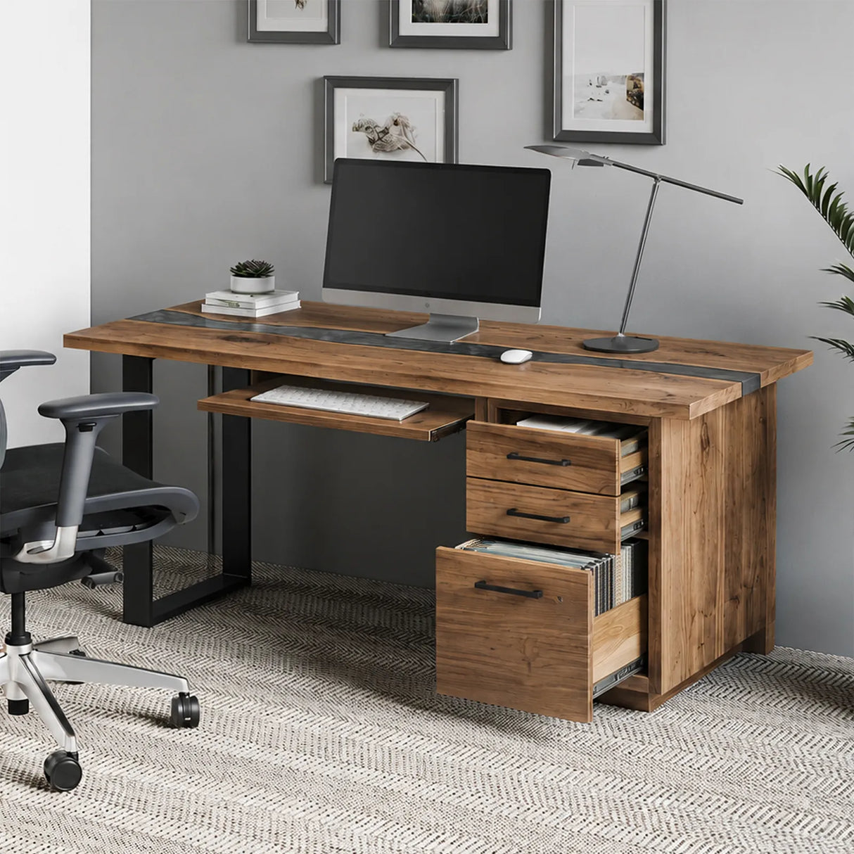 Walnut Epoxy Executive Office Desk with Storage | ECT-368